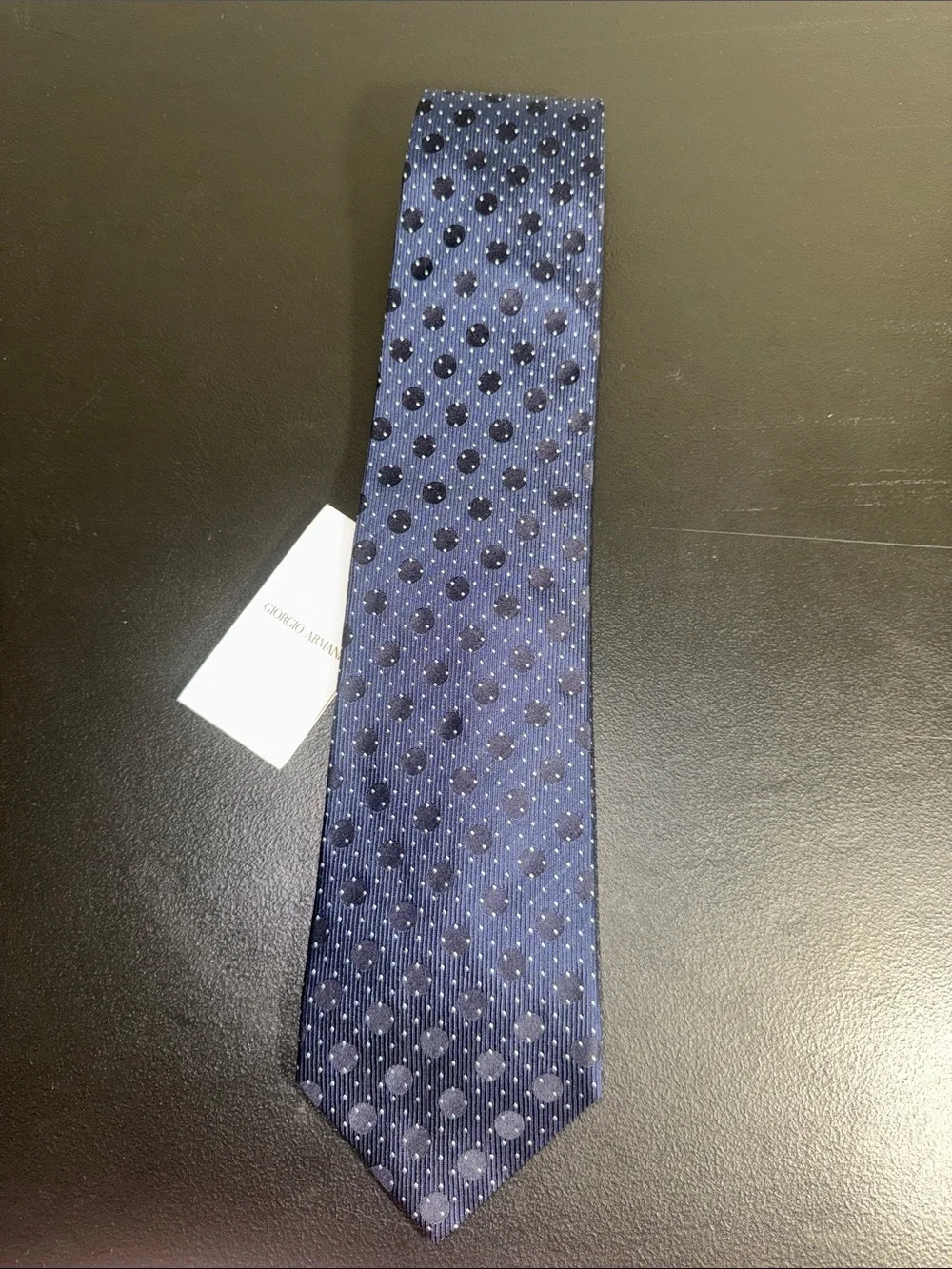 NEW Giorgio Armani mens dark blue polka dot pattern 100% silk neck tie NWT